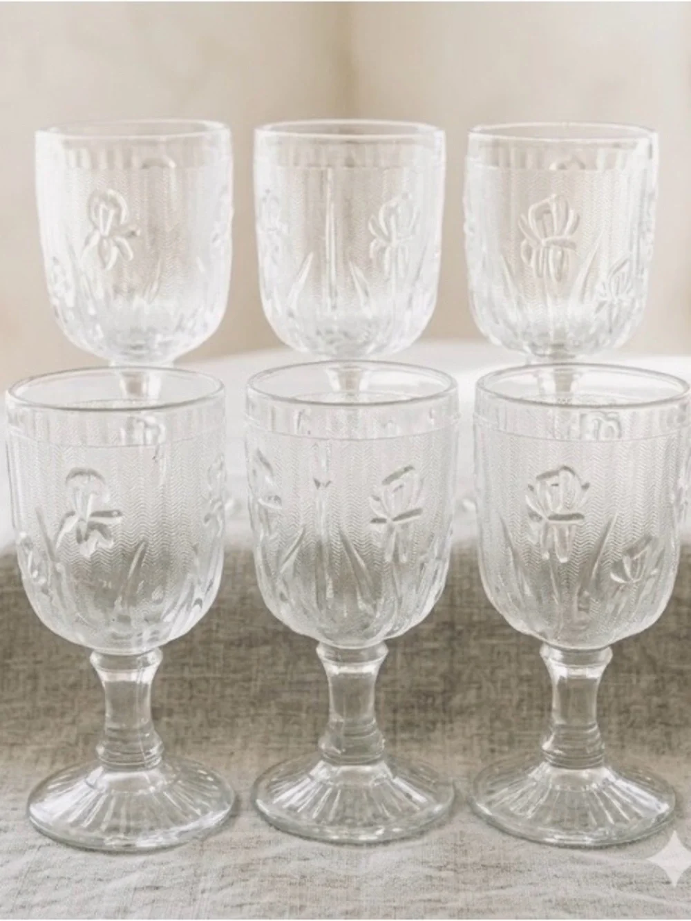 Jeannette Iris & Herringbone Clear Depression Glass 6 Wine Goblets & Plate.